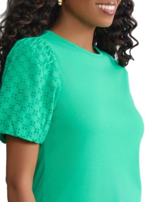 Women's Eyelet Puff-Sleeve Crew Neck Top