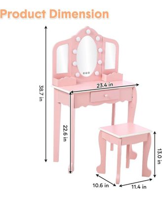 Kids Vanity Set with 3 Mirrors, Pretend Play Girls Vanity Table and Chair Set with Lighted Mirror, Stool, and Wood Makeup Playset