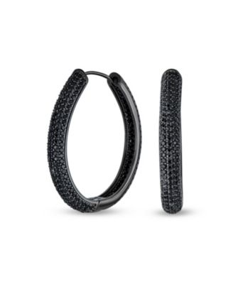 Large Cubic Zirconia Pave CZ Big Oval Black Hoop Earrings Inside Out Design