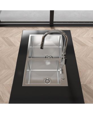 32inch Overmount Double Bowl Brushed Nickel 304 Stainless Steel Handmade Kitchen Sink LS SSBR03 with US Standard Drain and Hook