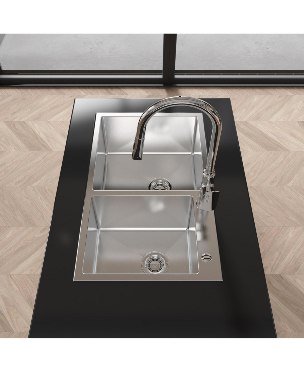 flynama 32inch Overmount Double Bowl Brushed Nickel 304 Stainless Steel Handmade Kitchen Sink Ls SSBR03 with Us Standard Drain and Hook