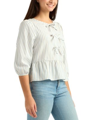 Juniors' Striped Puff-Sleeve Crewneck Peplum Top