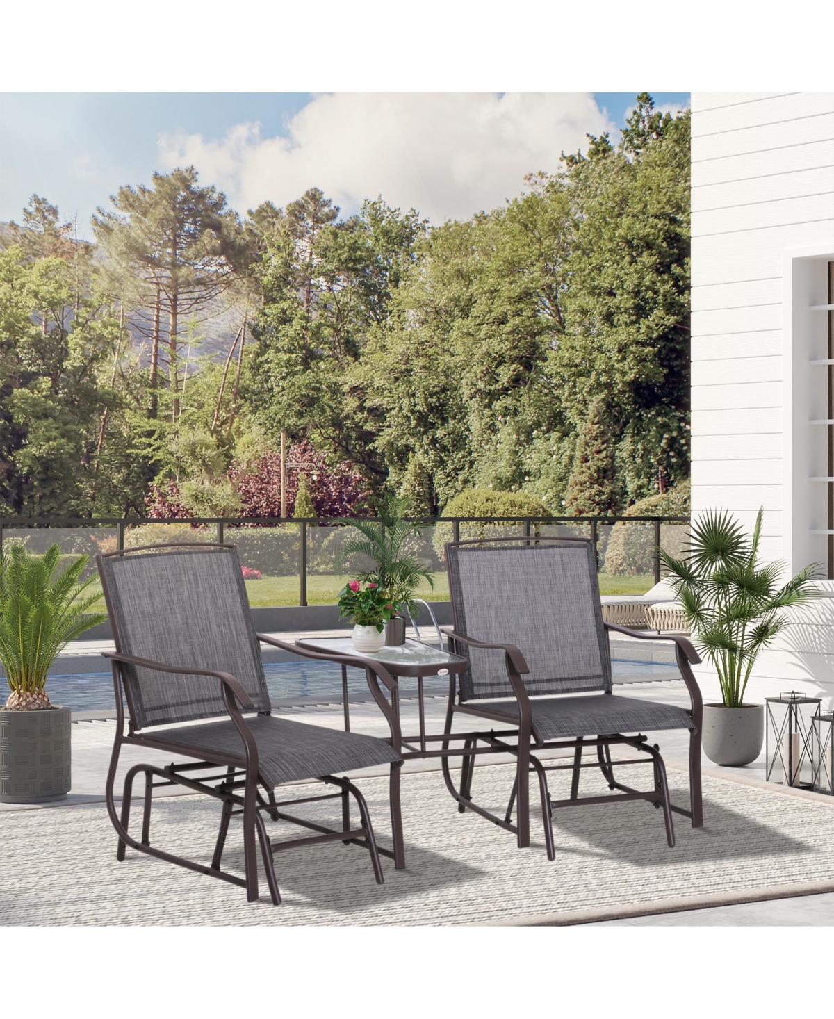 Flynama Outdoor Glider Chairs with Coffee Table, Patio 2-Seat Rocking Chair Swing Loveseat with Breathable Sling for Backyard, Garden and Porch, Grey