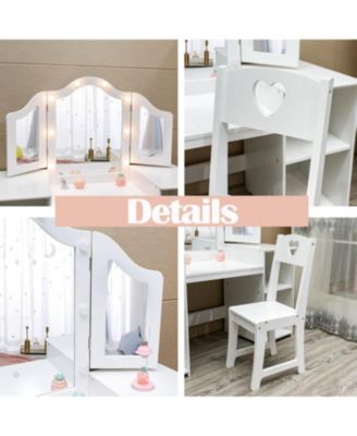 Kids Vanity with Lights,2 in 1 Princess Makeup Desk & Chair Set, Lighted Mirror, Storage Shelves & Cabinet