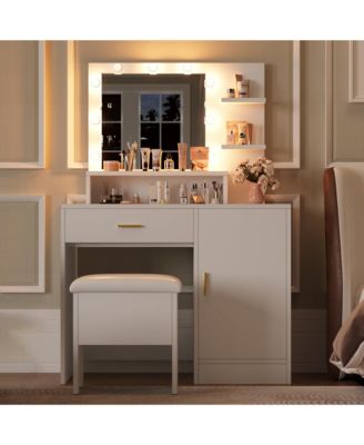 Vanity Desk with Mirror and Light Bulbs, Makeup Table with Open Shelves and Drawers