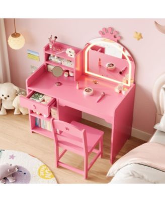 Kids Vanity Table and Chair Set with Mirror and Lights,Makeup Vanity Desk with Drawer and ,Dressing Table for Little Girls Bedroom