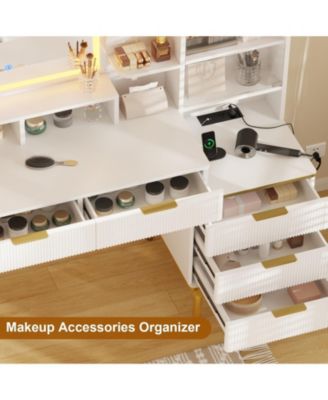 Fluted Vanity Desk with Mirror and Lights, Makeup Vanity Desk with 5 Drawers & Adjustable Shelves