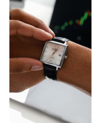 Men's 35mm Silver Plated Square Watch with Black leather Strap