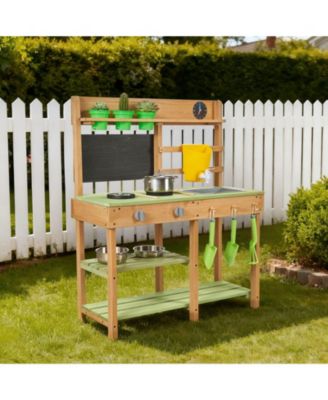 Kids Outdoor Mud Kitchen, Wooden Play Kitchen with Stove, Tank & Sink, Shovels, Spatulas, Box, Cookware Pots & Accessories