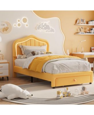 Twin LED Bed Frame with Storage & RGB Lights - Upholstered Platform Bed for Kids, Soft Fleece Fabric, No Box Spring Needed