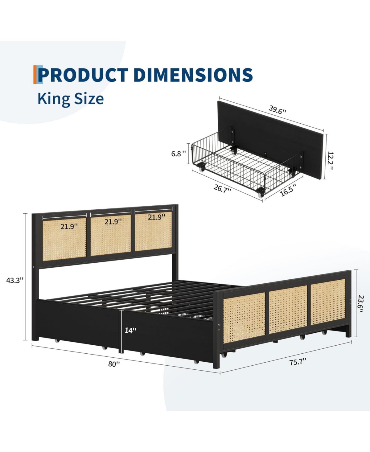 gaomon King Size Rattan Accent Storage Bed Space Saving, for Living Room