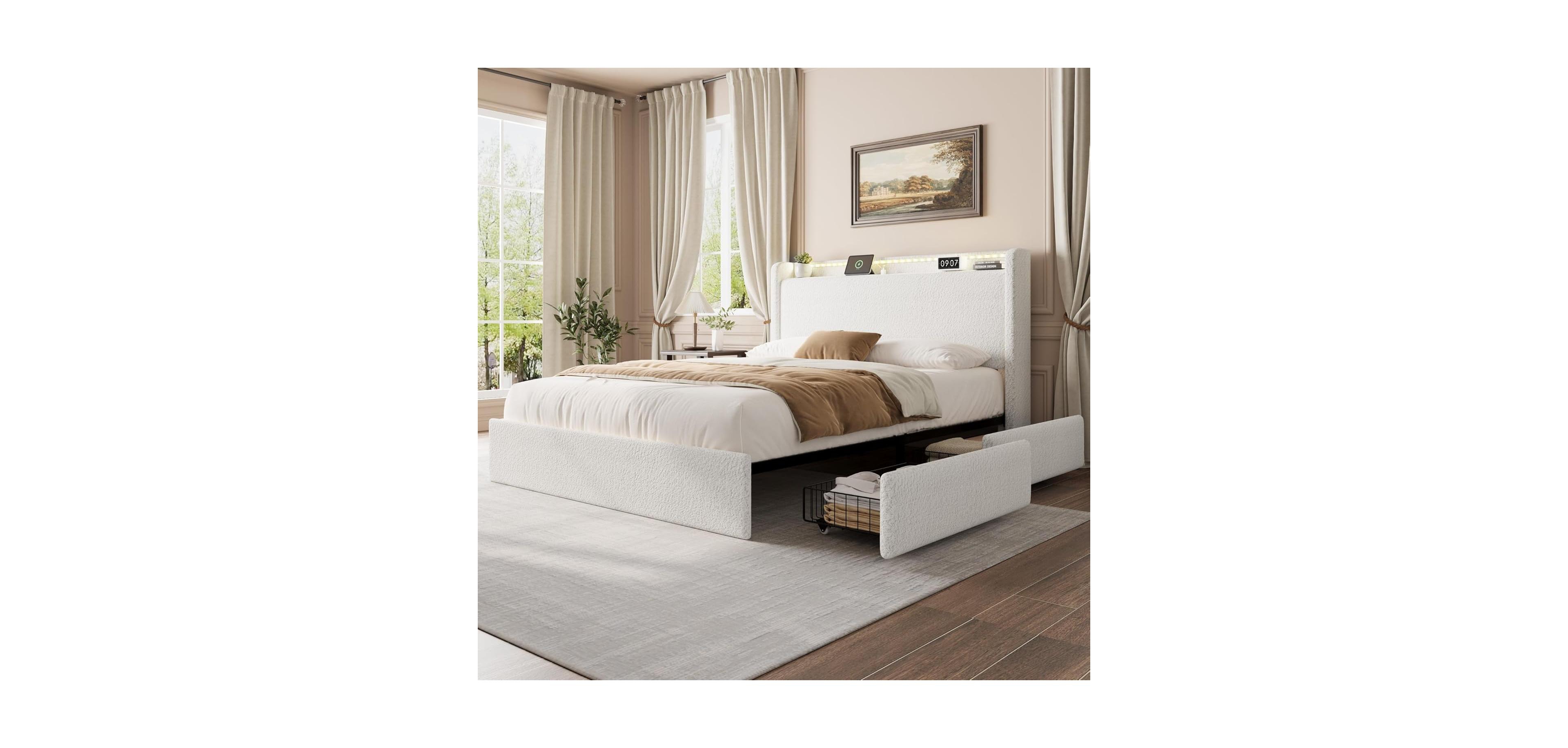gaomon Easy Assembly Full Size Platform Bed Frame Lighted Upholstered Bed Frame Space Saving, for Living Room, Guest Room