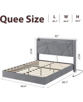 King Floating Bed Frame with LED Lights & Charging Station, Upholstered Storage Headboard with Folding Shelves