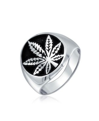Mens Statement Black Marijuana Leaf Medallion Round Signet Ring Sterling Silver
