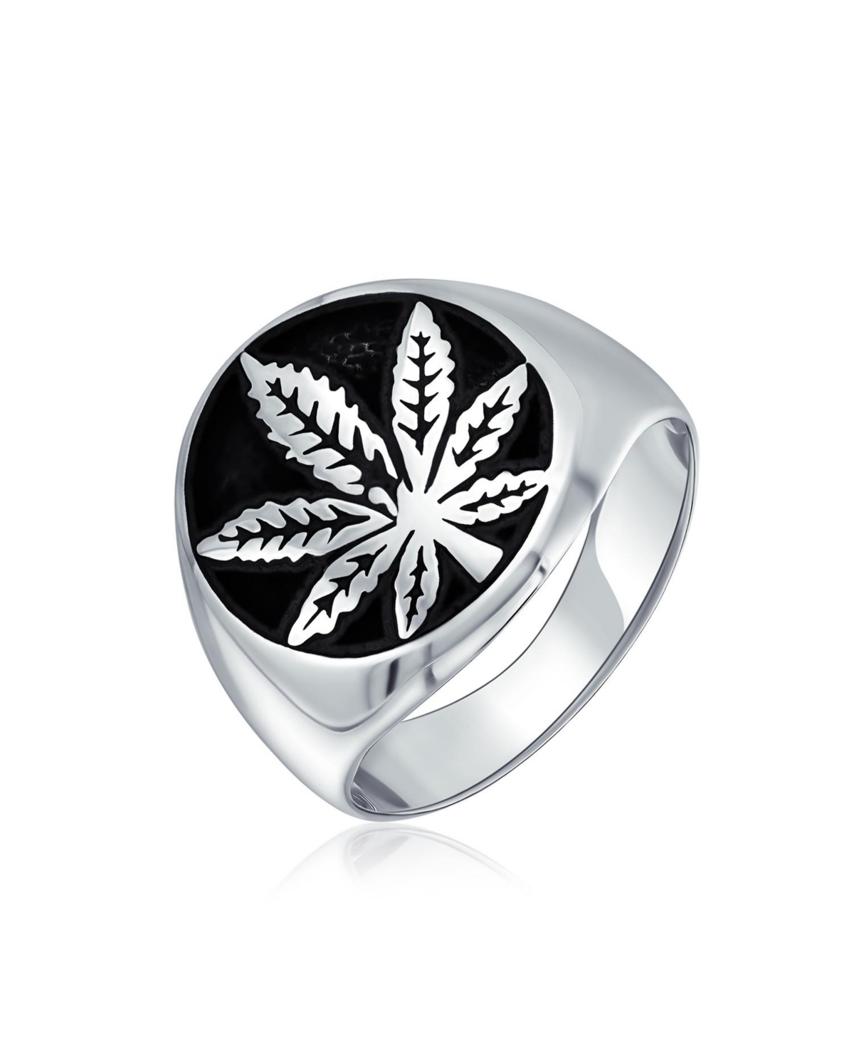 Bling Jewelry Mens Statement Black Marijuana Leaf Medallion Round Signet Ring Sterling Silver
