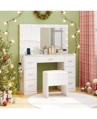 Vanity Desk with Mirror and Lights Storage Stool Power Outlets 3 Lighting Colors