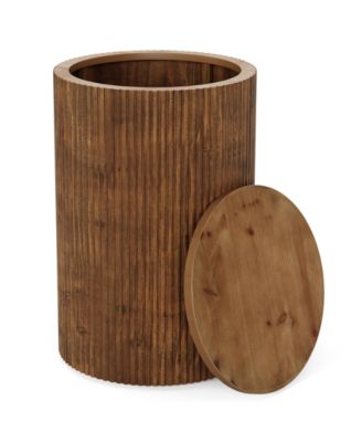 Solid Wood Round Side Table with Storage, No-Assembly Fluted End Table with 4 Wheels, Wooden Nightstand (Fully Assembled)