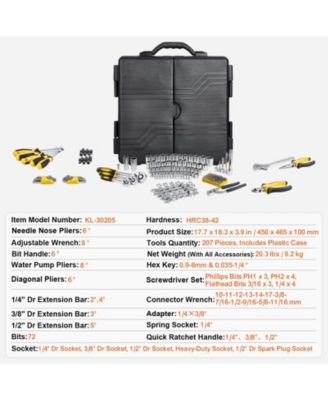 207-Piece Mechanics Tool Set, 1/4" 3/8" 1/2" Drive SAE & Metric Sockets, Wrenches, Bits & Case, Auto Repair Kit