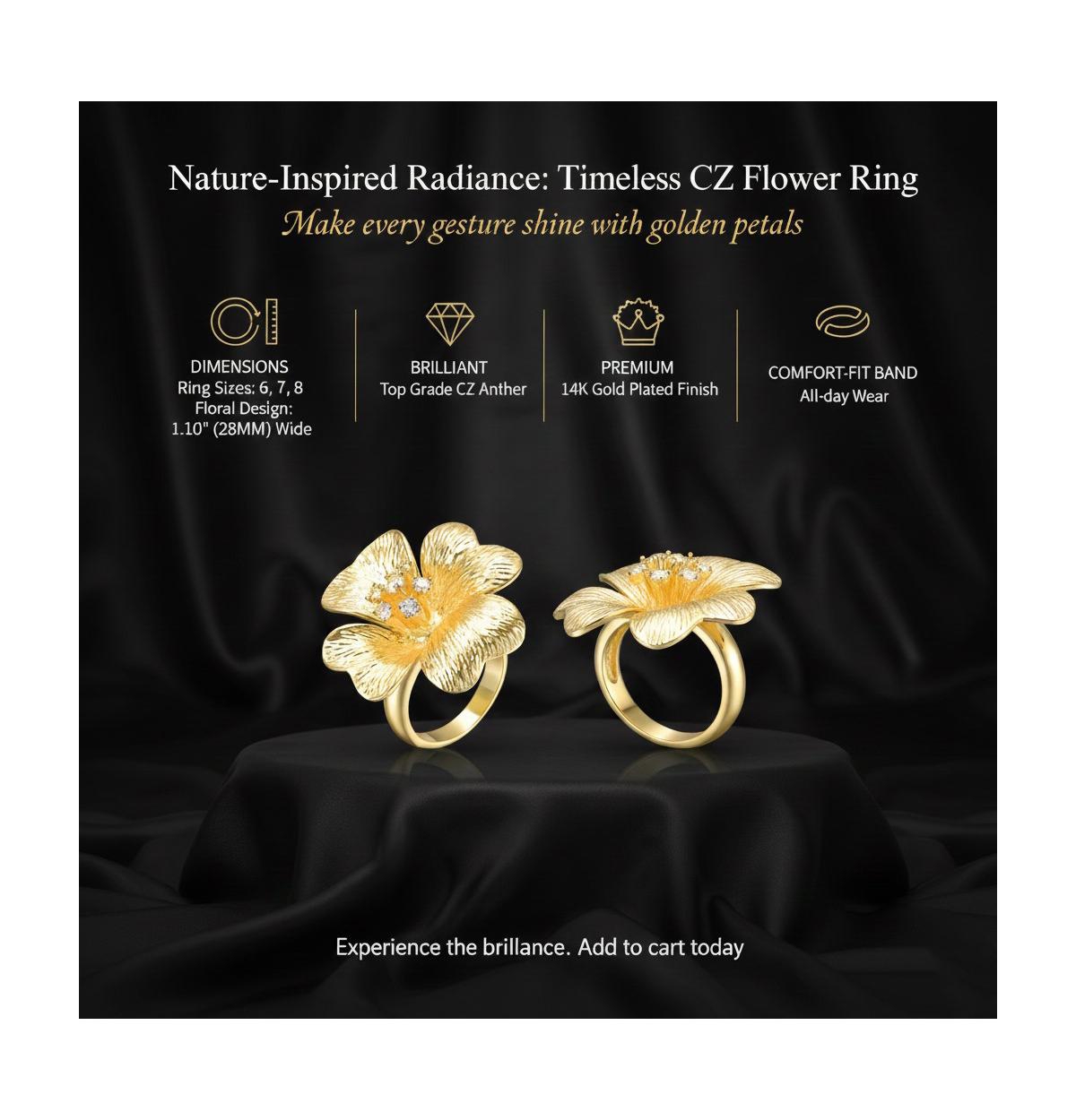 Rachel Glauber Timeless 14K Gold Plated Cubic Zirconia Flower Ring