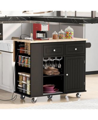 Kitchen Island with Power Outlet,Open Storage and Wine Rack, for Home, Kitchen, and Dining Room