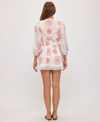 Women's V-Neck Smocked Waist Embroidered Swim Cover-Up Dress