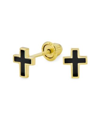 Tiny Religious Mini Cross Stud Earrings Two-tone Black Enamel 14K Gold Screwback