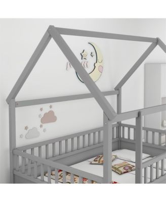 Full Size Wooden Floor Bed with House Roof Frame & Fence Guardrails for Kids
