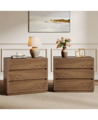 Fluted Nightstand, 31" Wide Night Stand with 3 Storage Drawers, Farmhouse Oversized Bedside Table Modern Large End Side Table