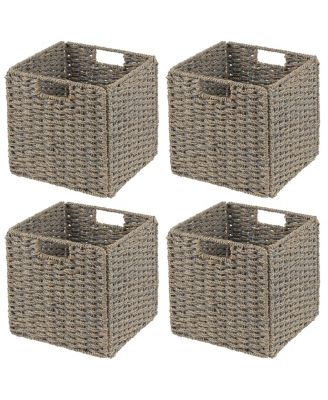 Seagrass Woven Cube Bin Basket Organizer, Handles, 4 Pack - Gray Wash