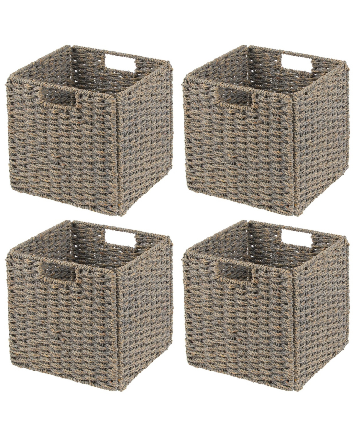 mDesign Seagrass Woven Cube Bin Basket Organizer, Handles, 4 Pack - Gray Wash