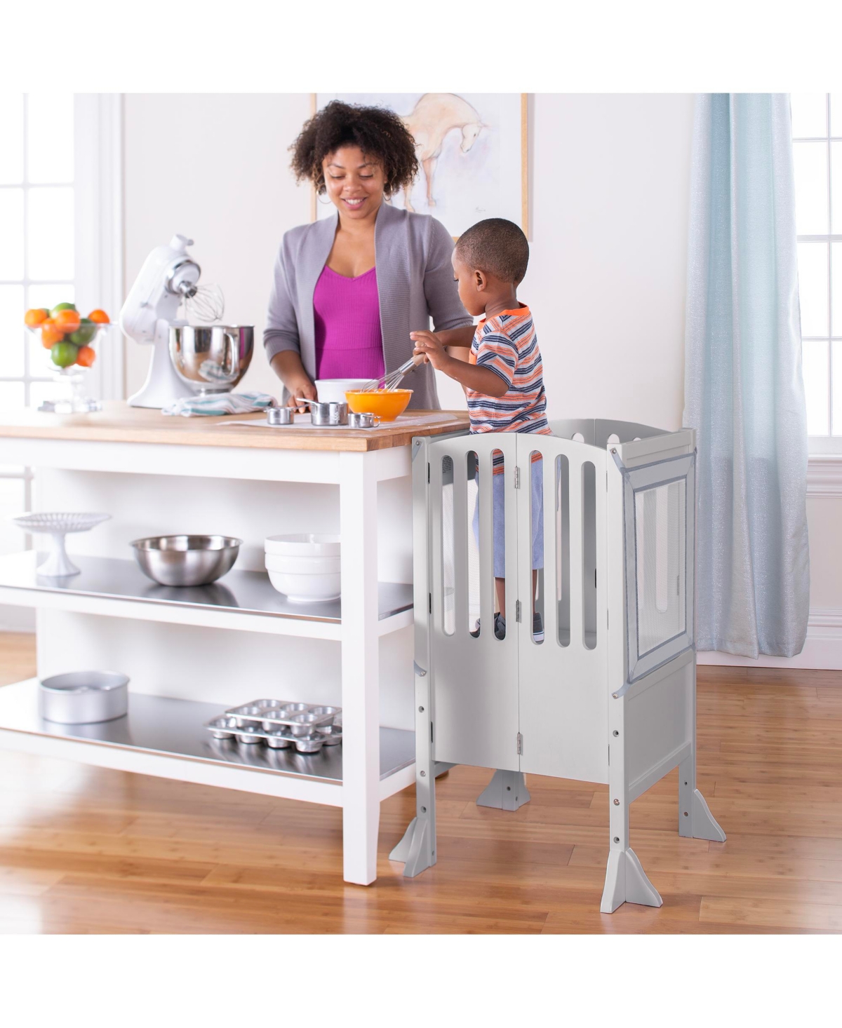 Guidecraft Contemporary Kitchen Helper Step Stool - Walnut: Kids' Adjustable, Foldable Wooden Learning Toddler Tower with Non-Slip Mat