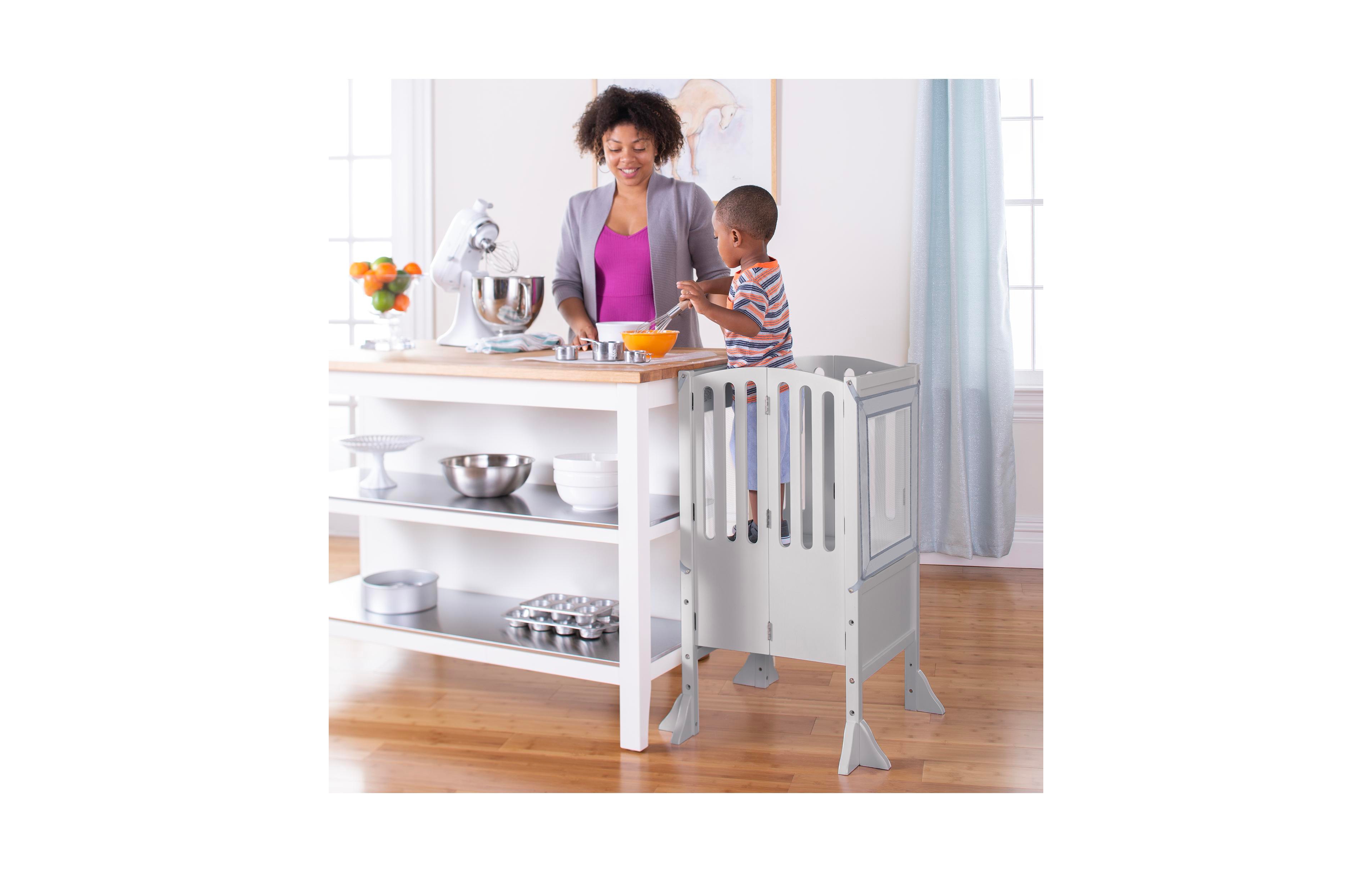 Guidecraft Contemporary Kitchen Helper Step Stool - Walnut: Kids' Adjustable, Foldable Wooden Learning Toddler Tower with Non-Slip Mat