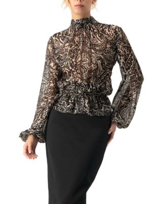 Women's High Neck See-Through Paisley Blouse