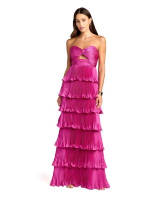Women's Petite Pleated Charmeuse Strapless Tiered Ruffle Gown