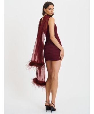 Women's Tori Wine Red Pleated Mini Dress with Chiffon Scarf