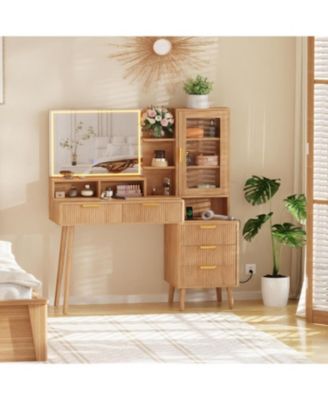 Makeup Vanity Desk With HD Lighted Mirror and Power Outlet - Modern Glass Top Elegant Fluted Vanity Desk With Acrylic Protective Door