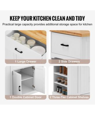 46" MDF, Rubberwood Kitchen Island Cart with Wood Top, Storage Cabinet, Adjustable Shelf, Drawer, Farmhouse Rolling Table