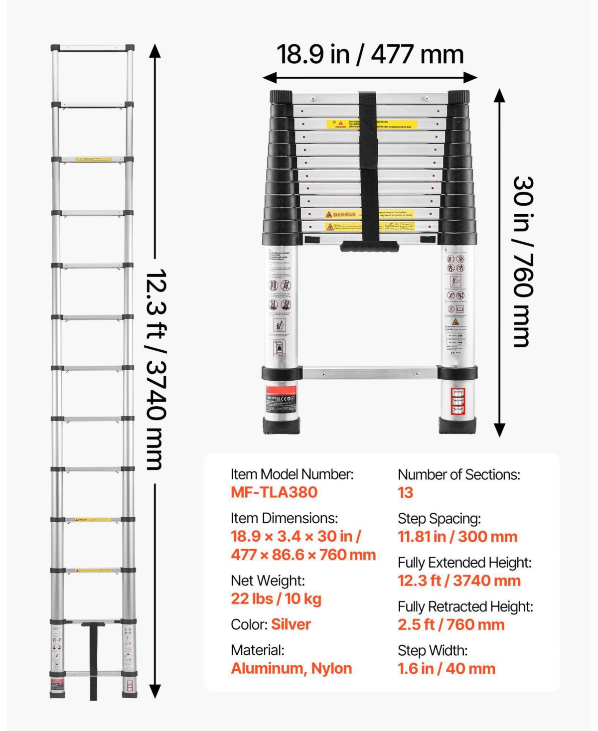 Mecale 12.5 ft Telescoping Ladder, Aluminum One-Touch Retraction Extension Ladder, 330 lb Capacity, Non-Slip Feet, Lightweight Design