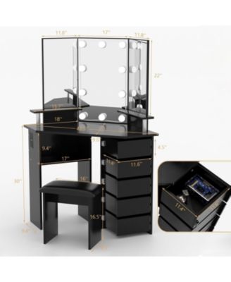 Farmhouse Vanity Desk with Mirror and Lights,Modern Makeup Vanity with Charging Station