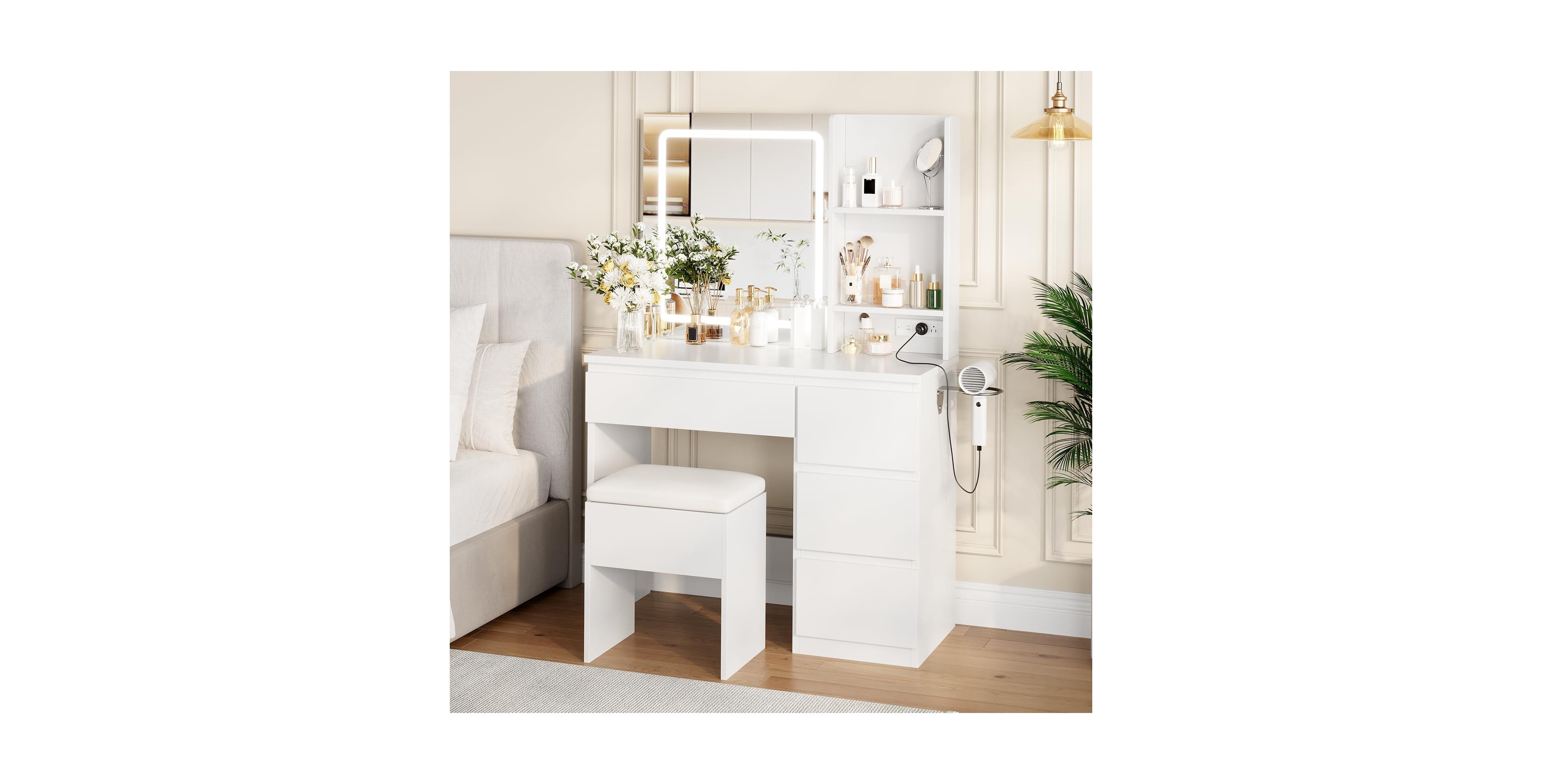 gaomon Makeup Vanity with Light and Mirror, Desk Foldable Desktop, Adjustable Lighting, Drawers Cushioned Stool, Dressing Table for Bedroom