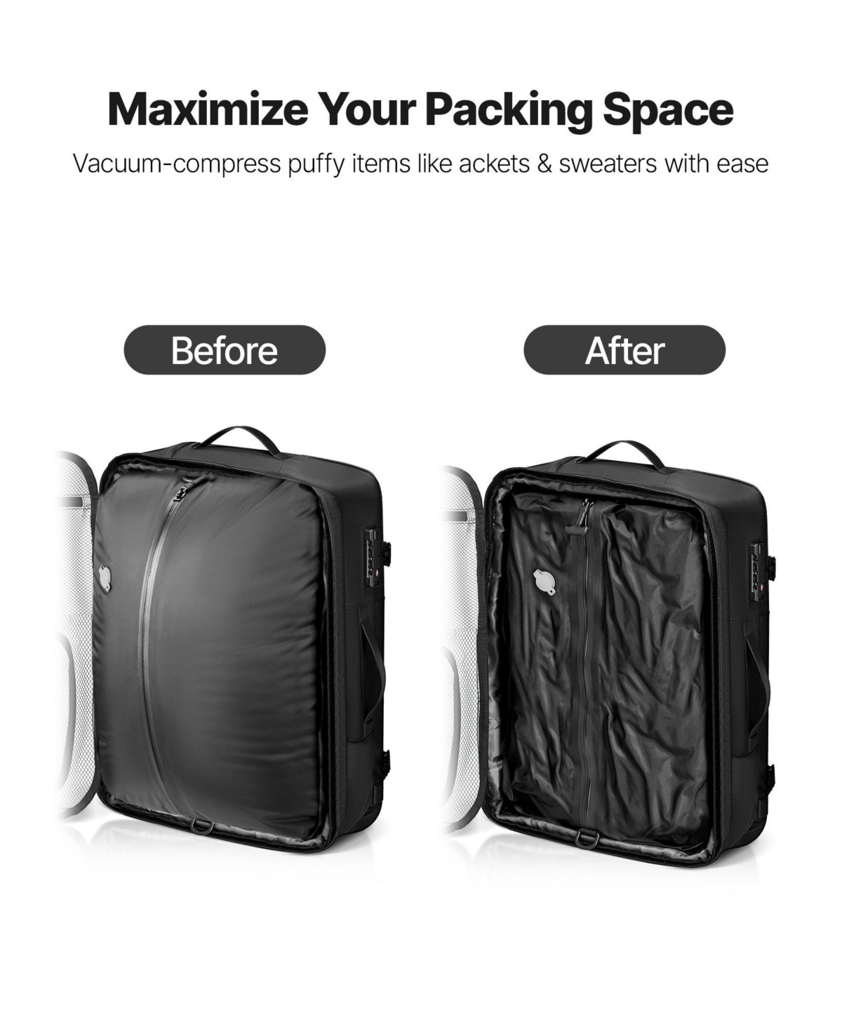 Mecale 80L Vacuum Seal Compression Travel Backpack with Pump, Expandable, Tsa-Approved Lock, Water-Resistant Carry-On Luggage, Black