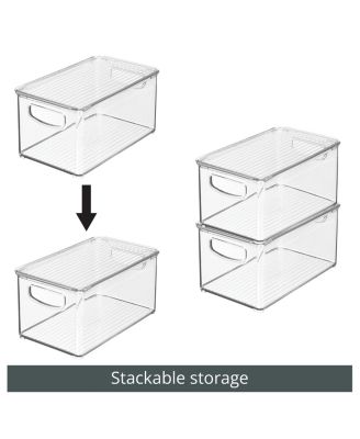 Deep Plastic Bathroom Storage Box, Lid/Built-In Handles, 8 Pack, Clear