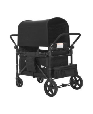 Wagon Stroller for 4 Kids, Collapsible Push Pull Quad Stroller with Adjustable Handle, 5-Point Harness, Removable Canopy, Black, 330 lbs Load