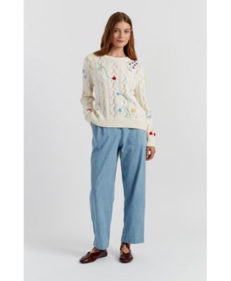 Women's Hand-Embroidered Floral Cotton Sweater