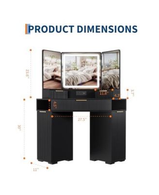 Lighted Mirror Corner Vanity Desk with Charging Station – Fluted Design, 3 Drawers, Cabinets & Open Shelves