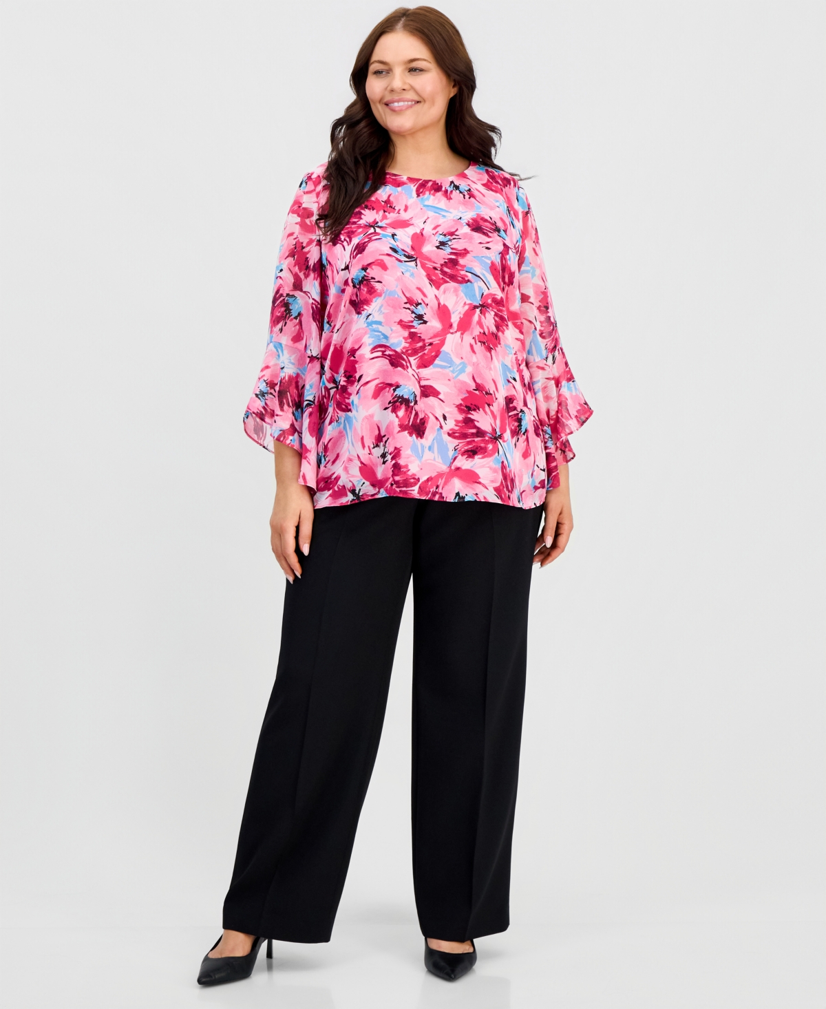 Kasper Plus Printed Ruffled 3/4-Sleeve Top