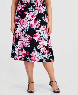 Plus Size Pull-On Floral Midi Skirt