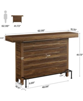 Industrial 3-Tier Bar Table, 63" Wooden Rectangular Home Bar Unite, Modern Counter Height Pub Table with Storage Shelves and Metal Footrest