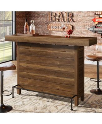 Industrial 3-Tier Bar Table, 63" Wooden Rectangular Home Bar Unite, Modern Counter Height Pub Table with Storage Shelves and Metal Footrest