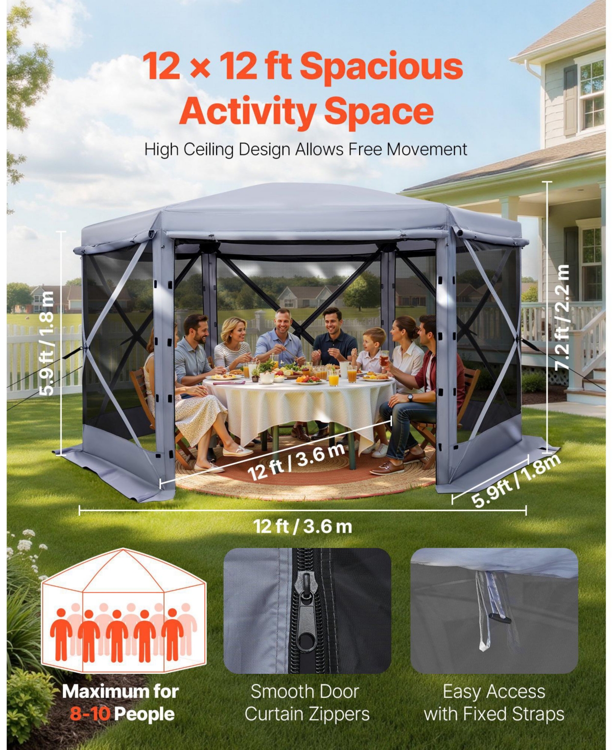 Mecale 12 x 12 ft Pop-Up Gazebo Screen Tent, 6-Sided, Removable Top, Carry Bag, Quick-Set, Bite-Proof, 8-10 Persons, Grey